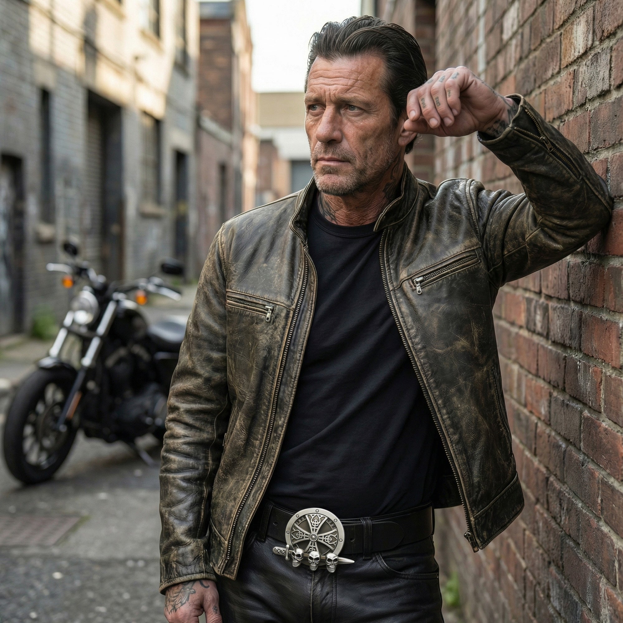 Biker man leaning against a brick wall wearing a black leather belt with a Celtic cross shield, dagger and skull belt buckle.