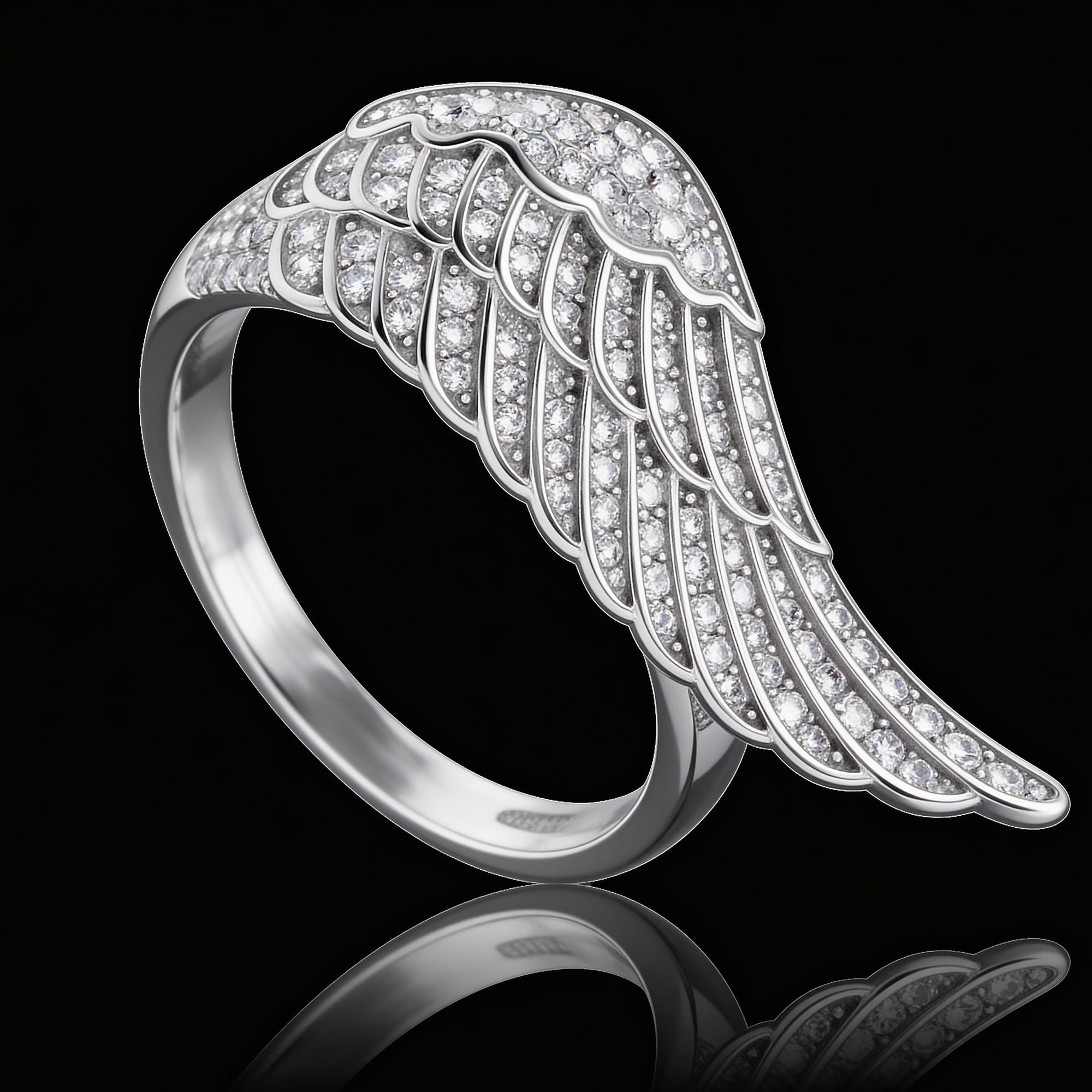 Sterling Silver Adjustable Crystal Angel Wing Ring On Mirror Surface