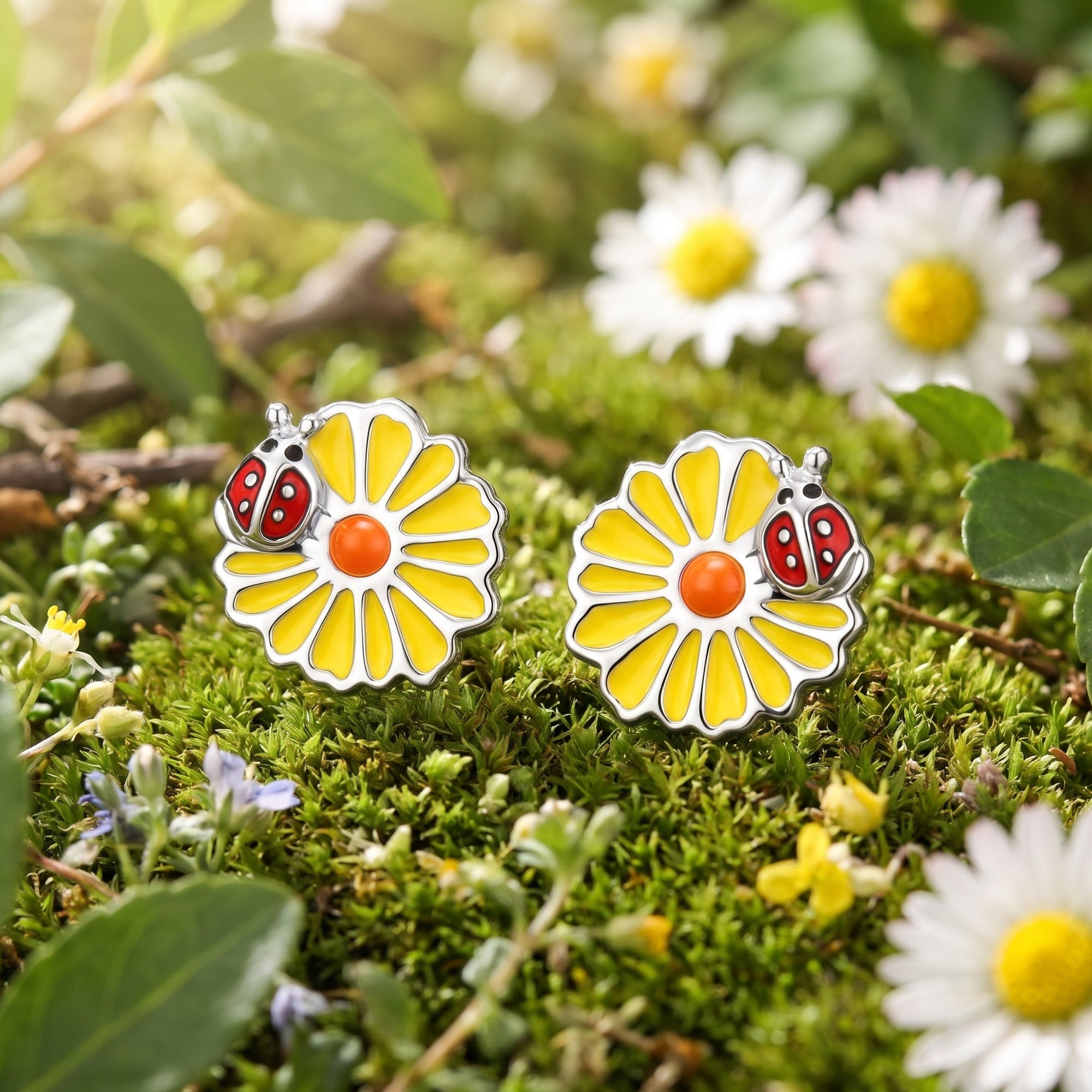 Daisy ladybird enamel children’s sterling silver earrings laying in a garden surrounded by daisies and other flowers.