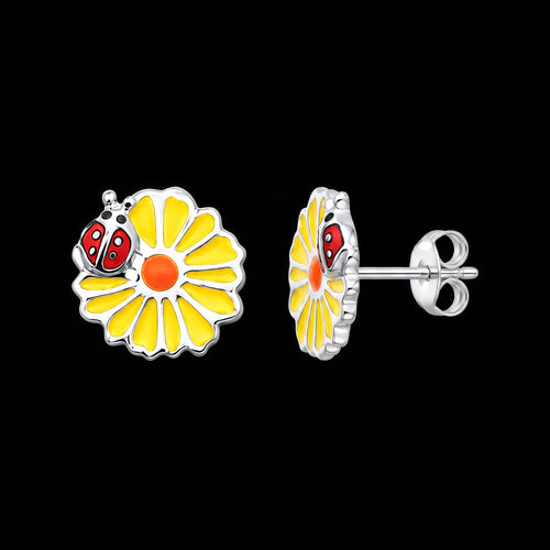 Side view of daisy ladybird enamel children’s sterling silver earrings.