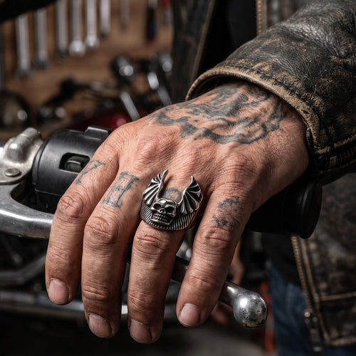Biker man wearing a death bat skull wings stainless steel ring.