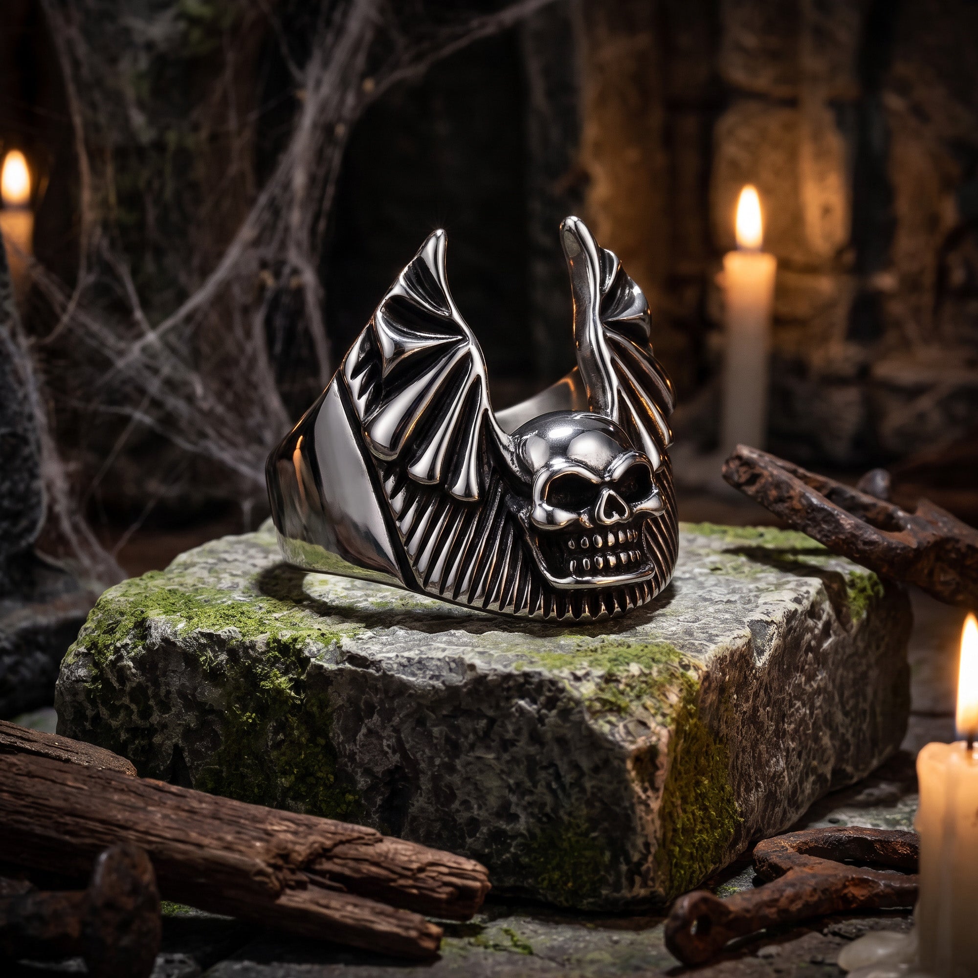 Death bat skull wings stainless steel men's ring in a dungeon with cobwebs and candles.