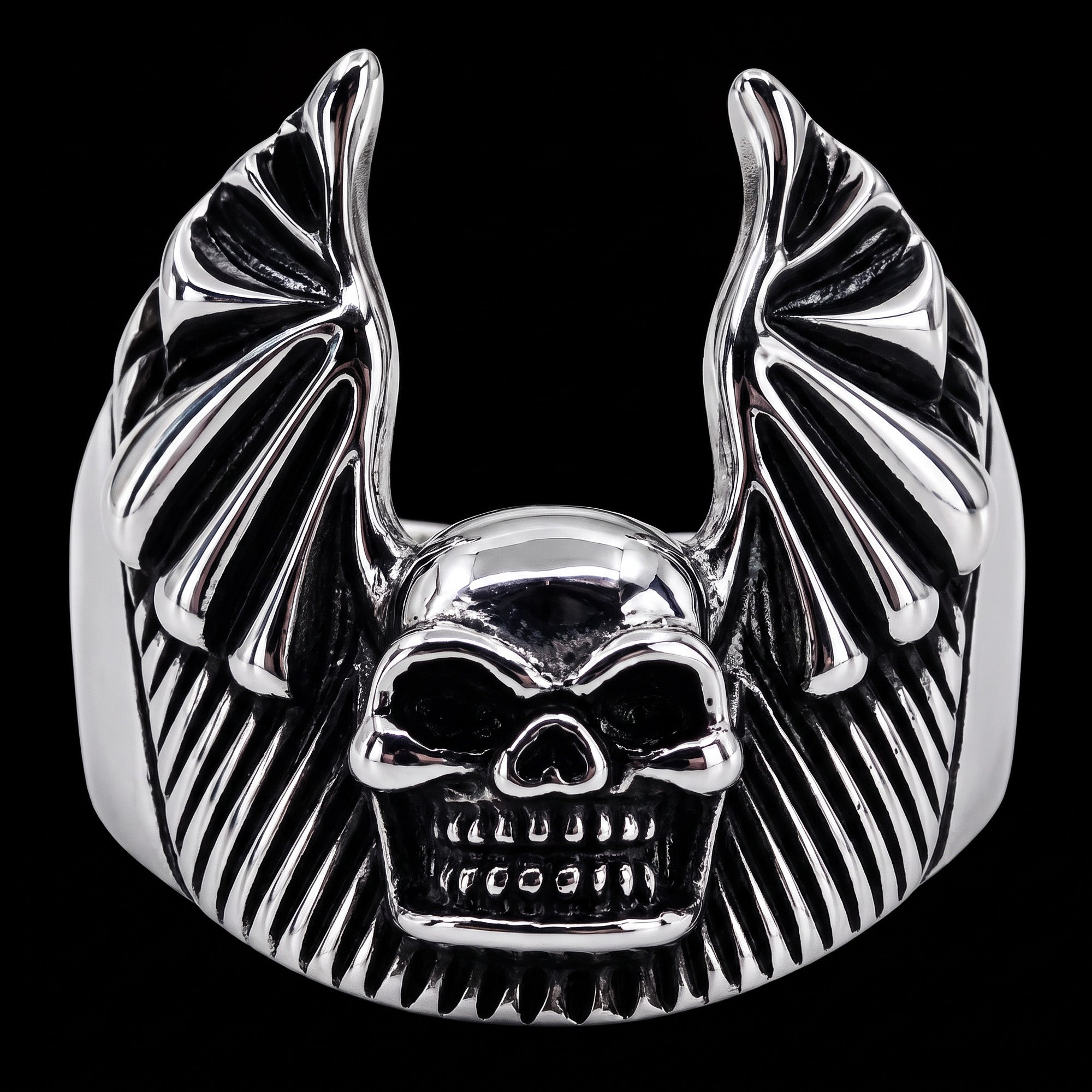 Front view of death bat skull wings stainless steel men's ring.