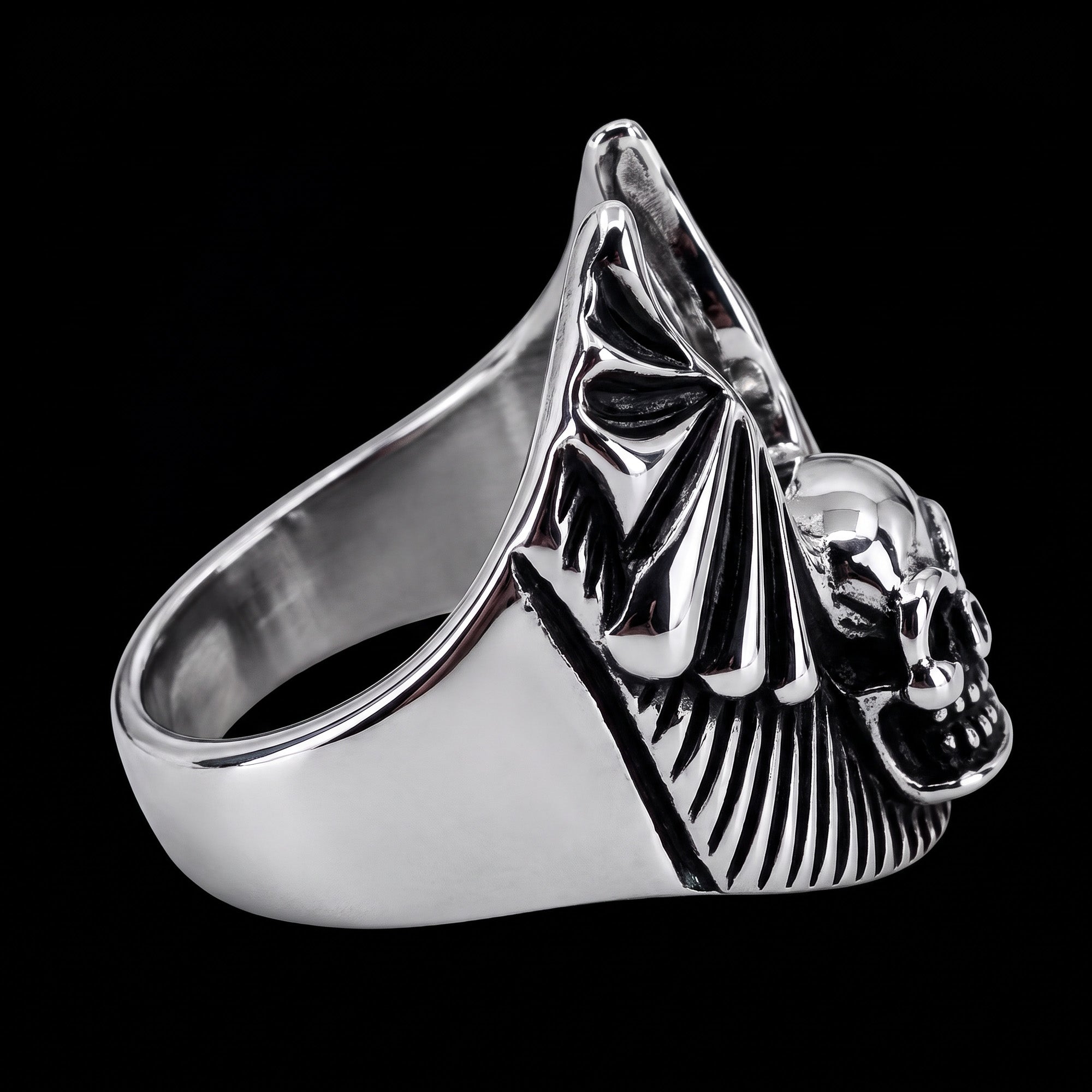 Side view of death bat skull wings stainless steel men's ring.