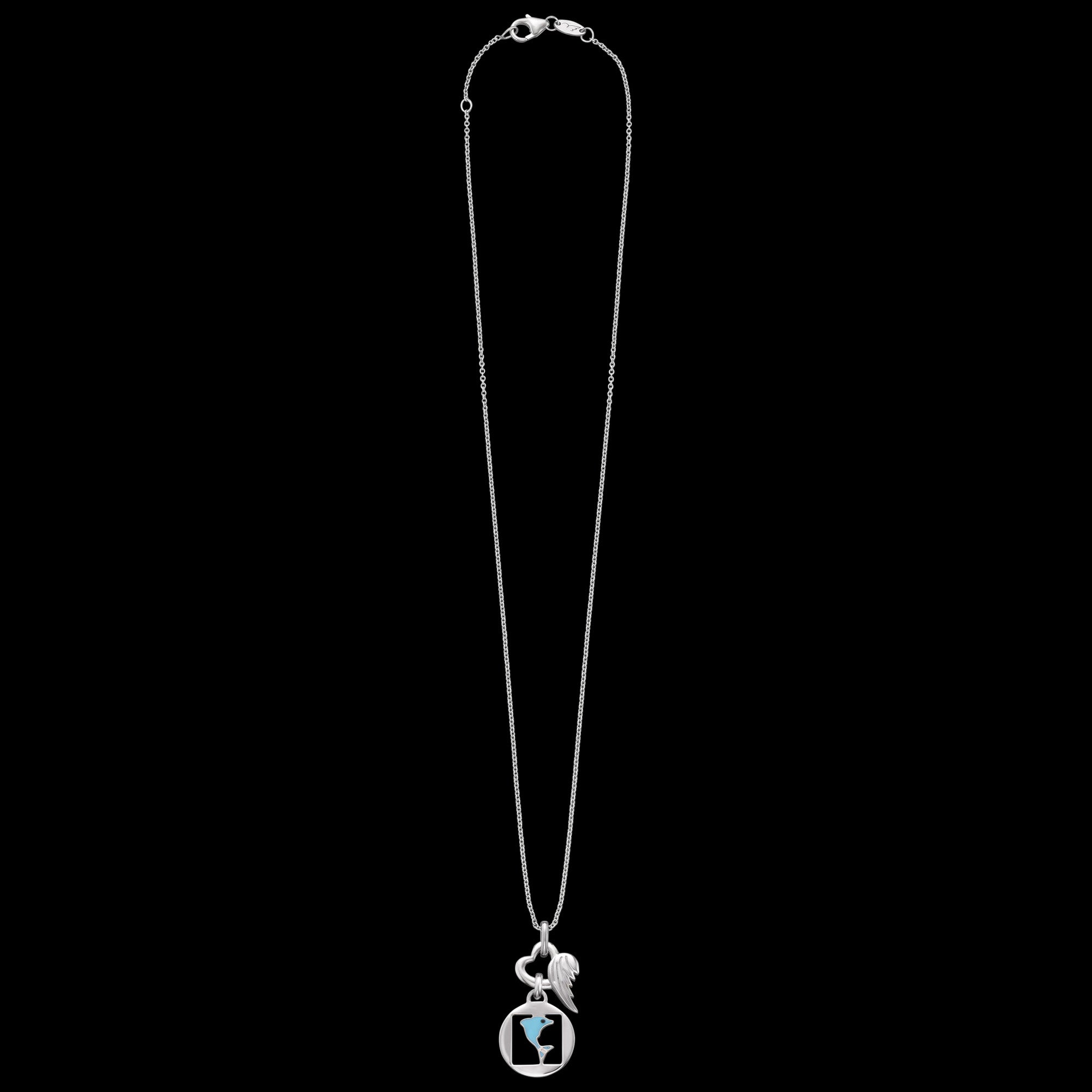 Full view of Herzengel dolphin heart wing silver children's necklace.