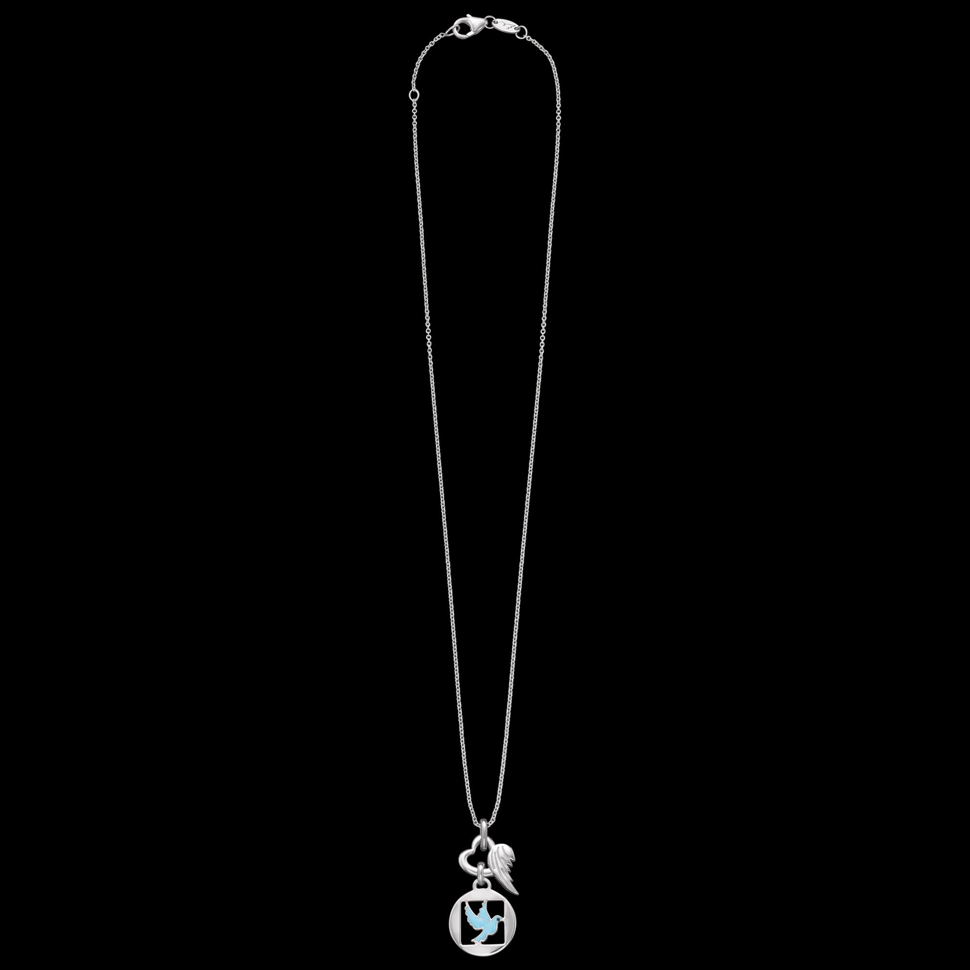 Full view of Herzengel peace dove heart wing silver children's necklace.
