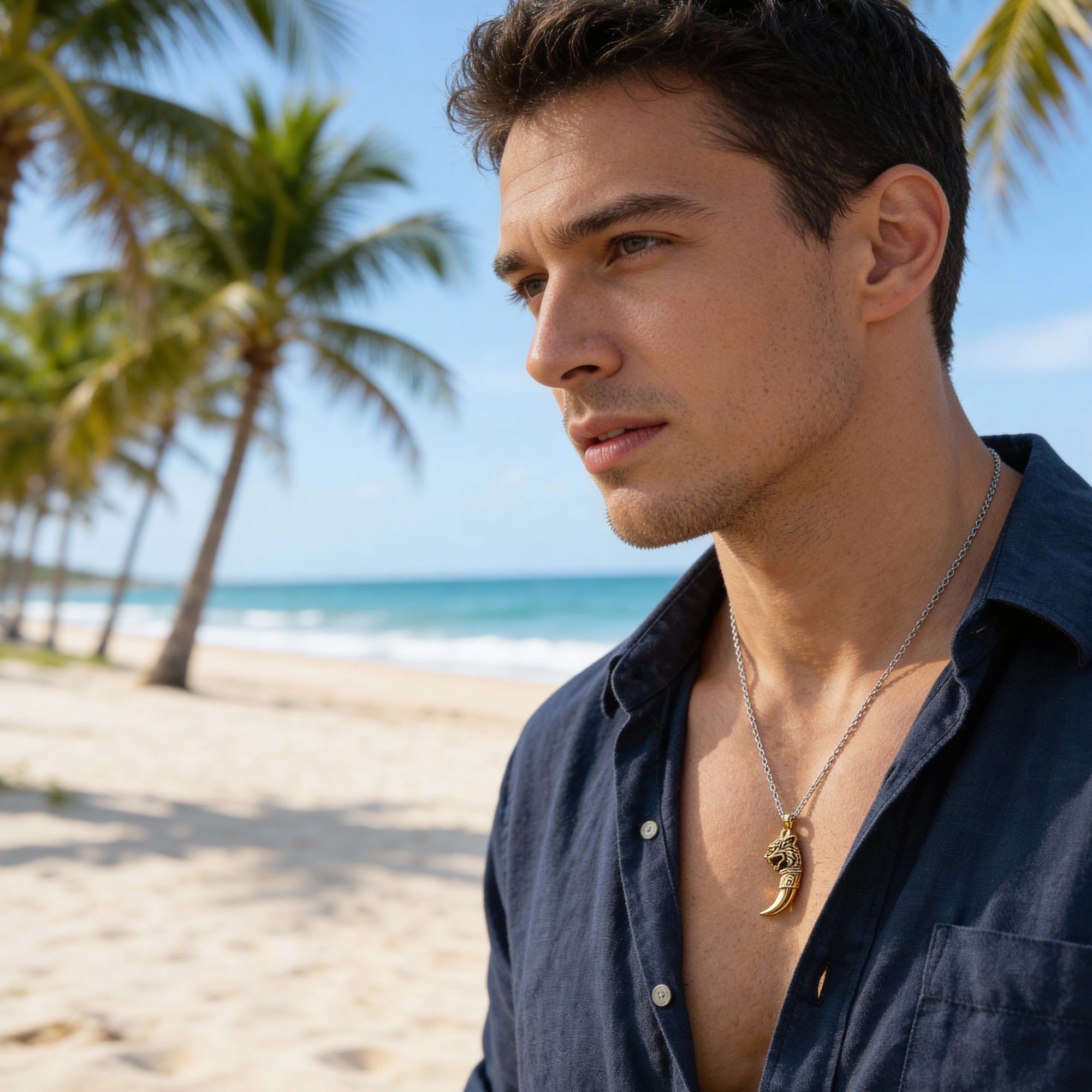 Man on a beach wearing gold dragon tooth men's pendant with palm trees in the background.