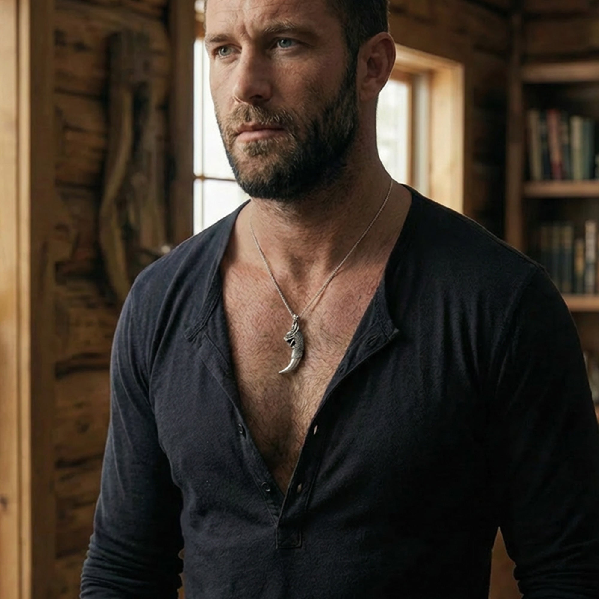 Man inside a wood cabin wearing a sterling silver dragon tooth pendant.