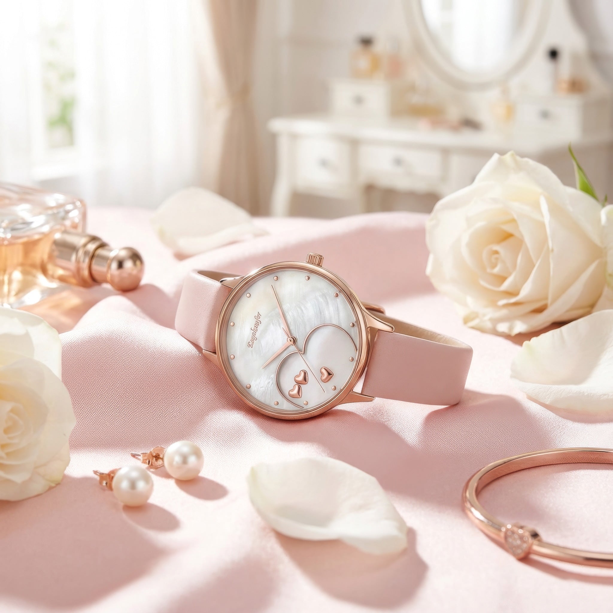Pink Engelsrufer Hearts watch laying on soft fabric surrounded by roses and jewellery.