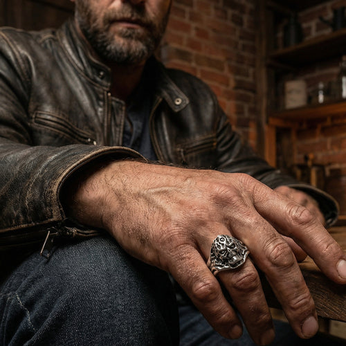 Man in leather jacket wearing Side view of exoskeleton skull men's stainless steel ring.