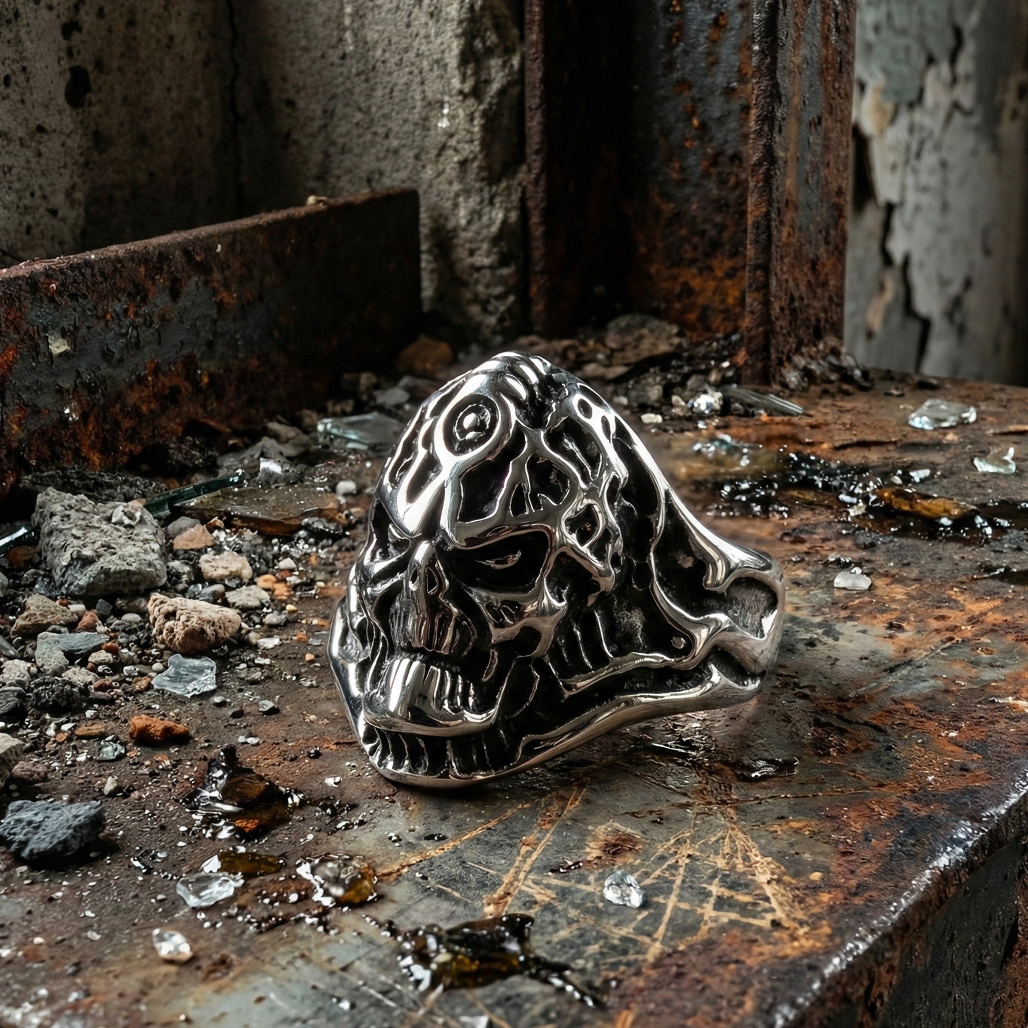 Exoskeleton skull men's stainless steel ring on a rusty metal bench.