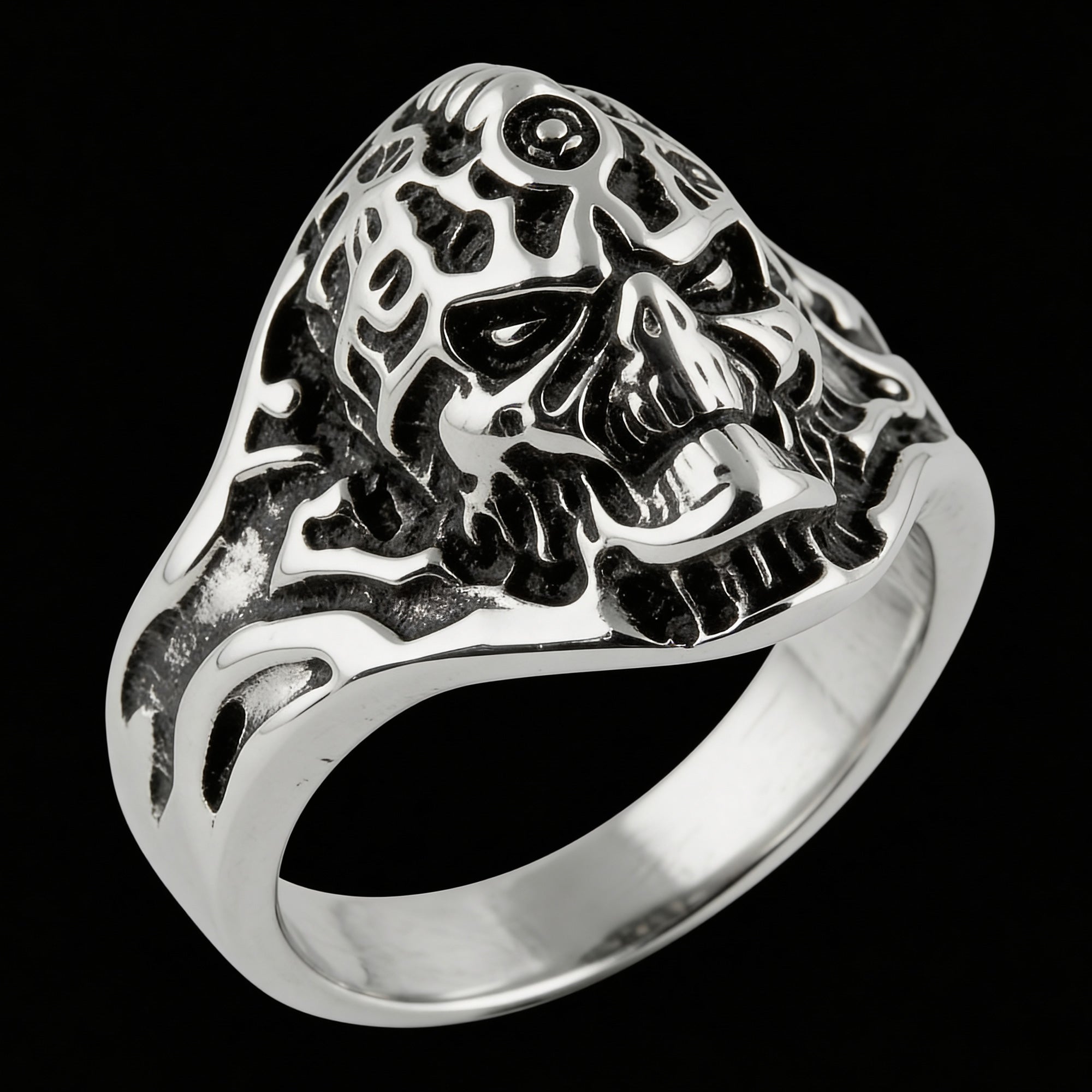 Right tilt view of exoskeleton skull men's stainless steel ring.
