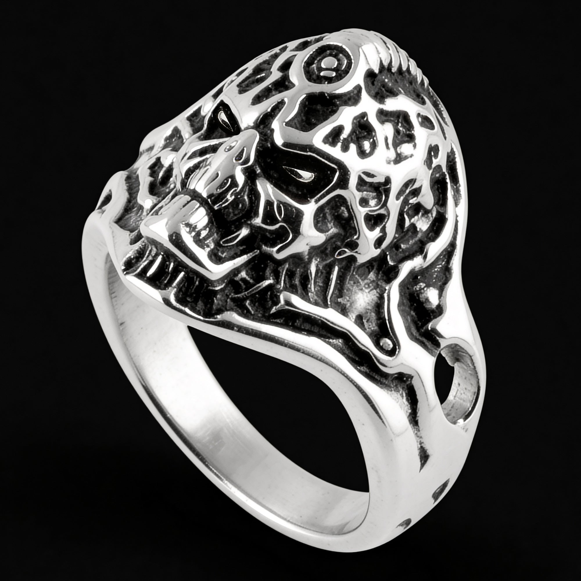 Tilt view of exoskeleton skull men's stainless steel ring.