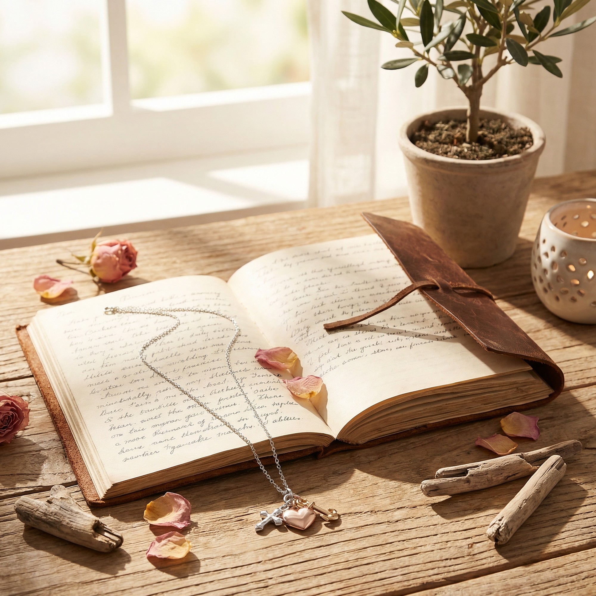 Engelsrufer Faith Love & Hope Sterling Silver Necklace laying on a wooden table next to a window with an open journal and small pot plant.