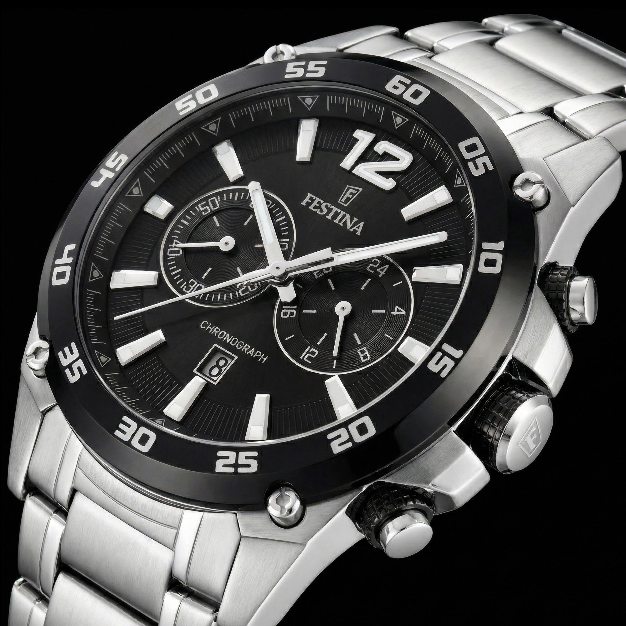 Close-up of Festina black dial chronograph date watch.