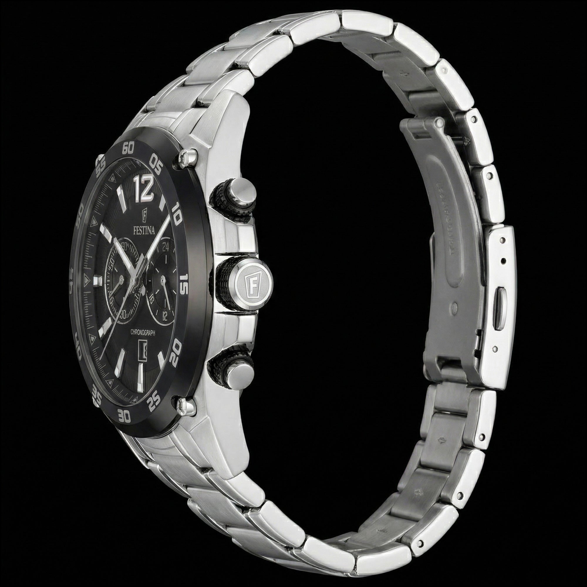 Side view of Festina men's black dial chronograph date watch.