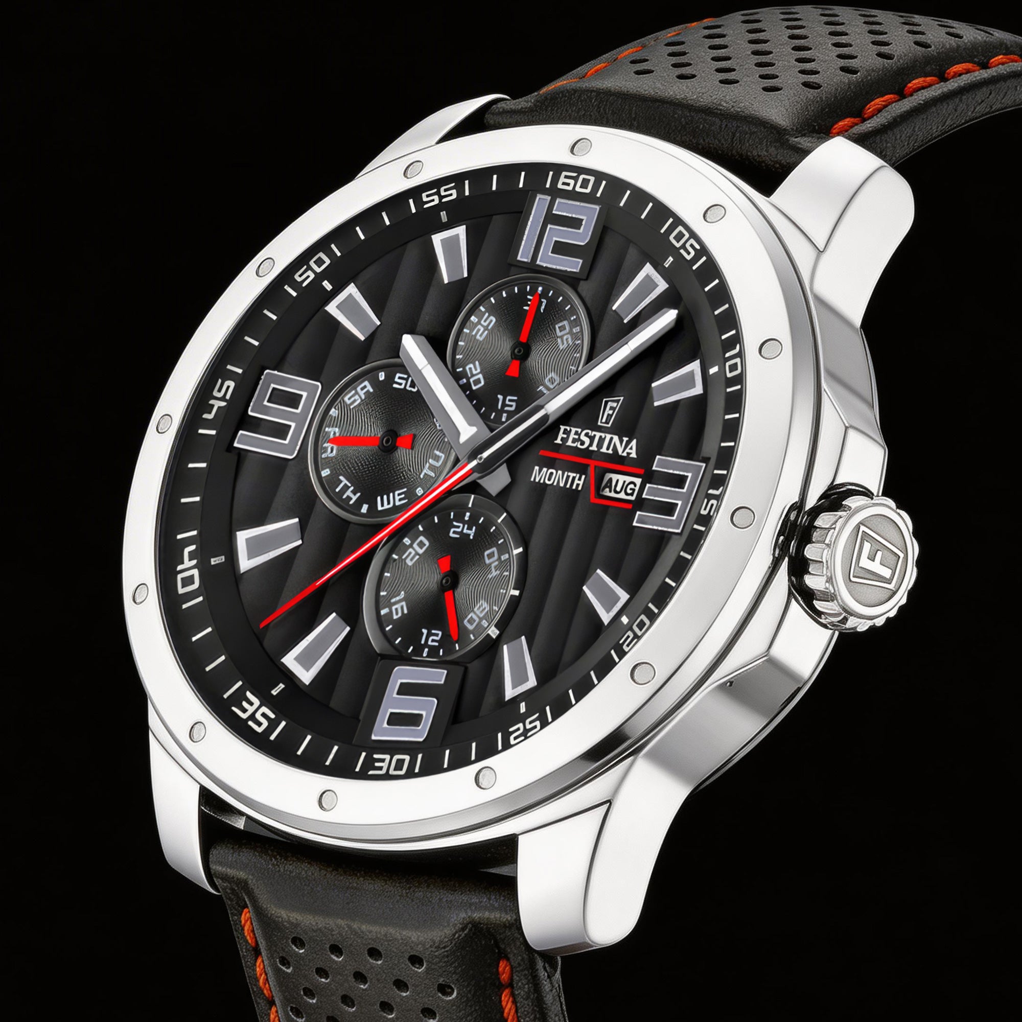 Side tilt view of Festina men's red black dial multifunction leather watch.