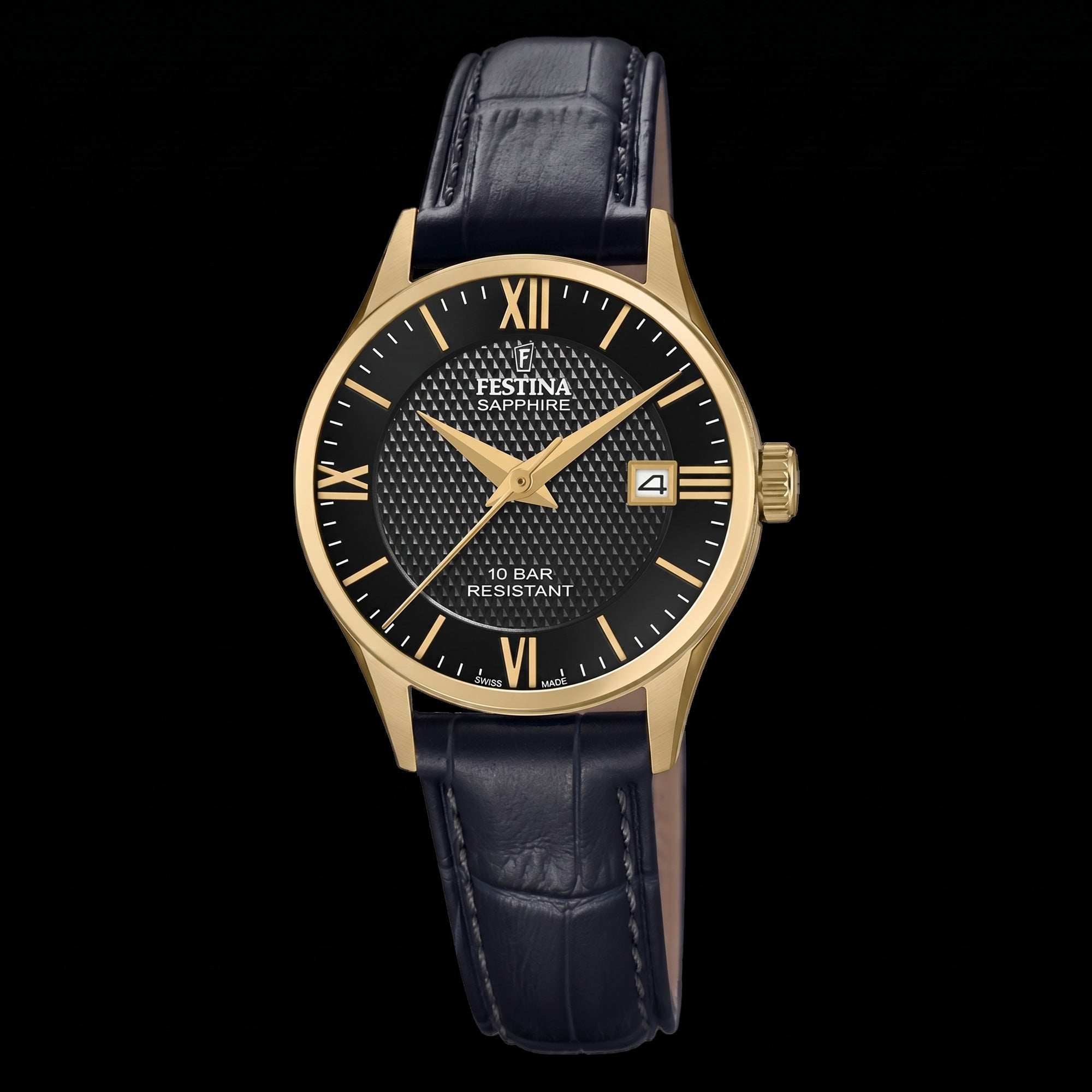 Festina Ladies Swiss Black Dial Gold Leather Watch