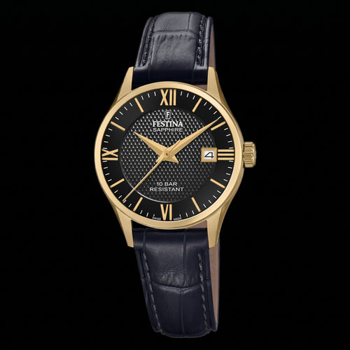Festina Ladies Swiss Black Dial Gold Leather Watch