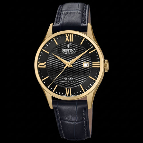 Festina Men's Swiss Sapphire Black Dial Gold Leather Watch