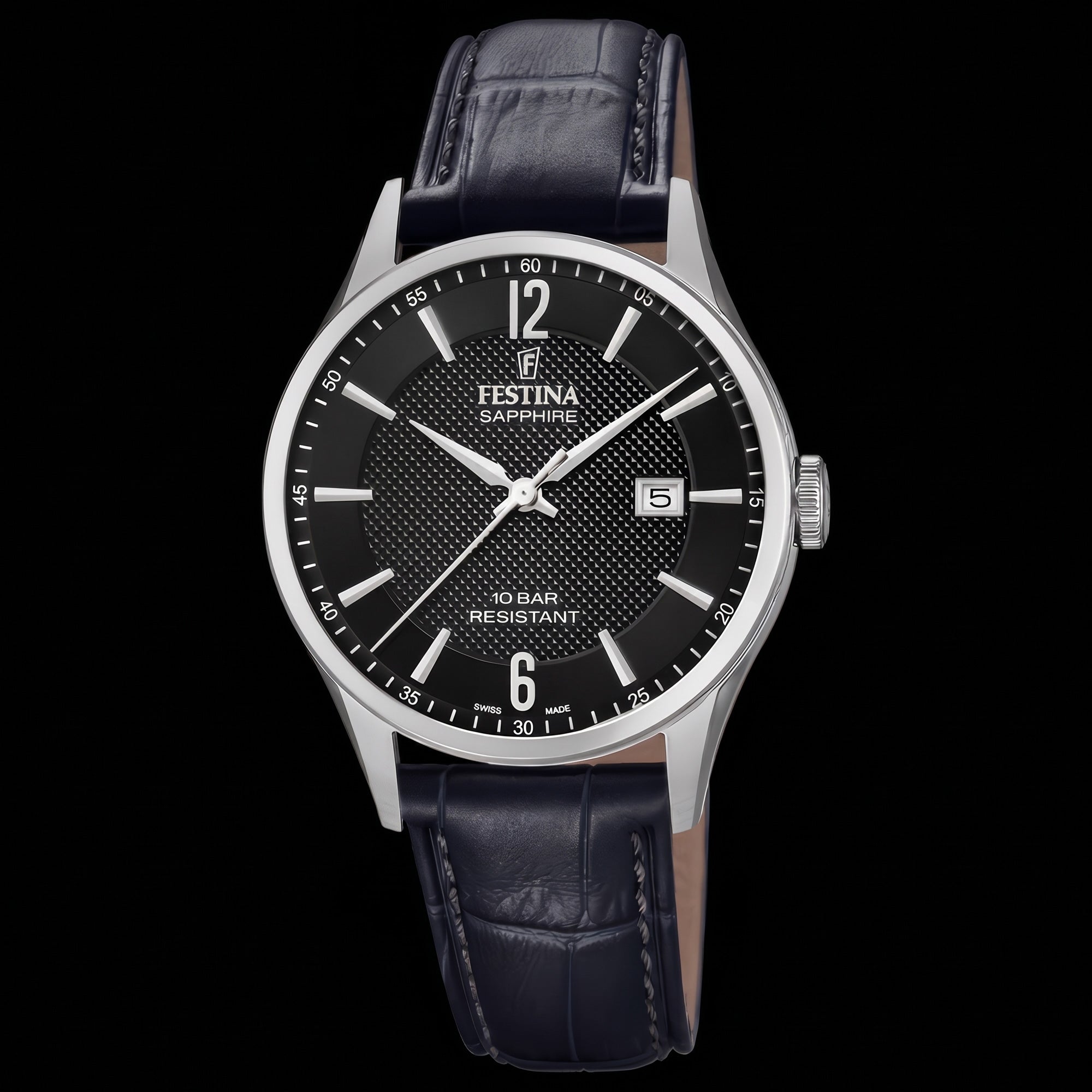 Festina Men's Swiss Sapphire Black Dial Leather Watch