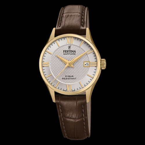 Festina Ladies Swiss Silver Dial Gold Leather Watch