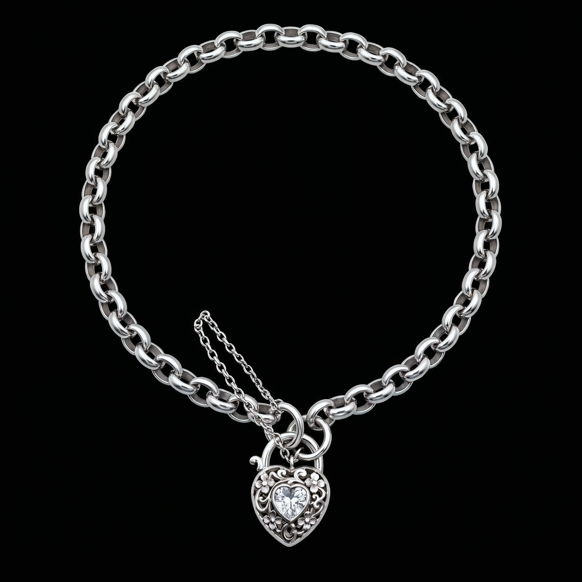 Filigree Heart Padlock CZ Sterling Silver Belcher Chain Bracelet