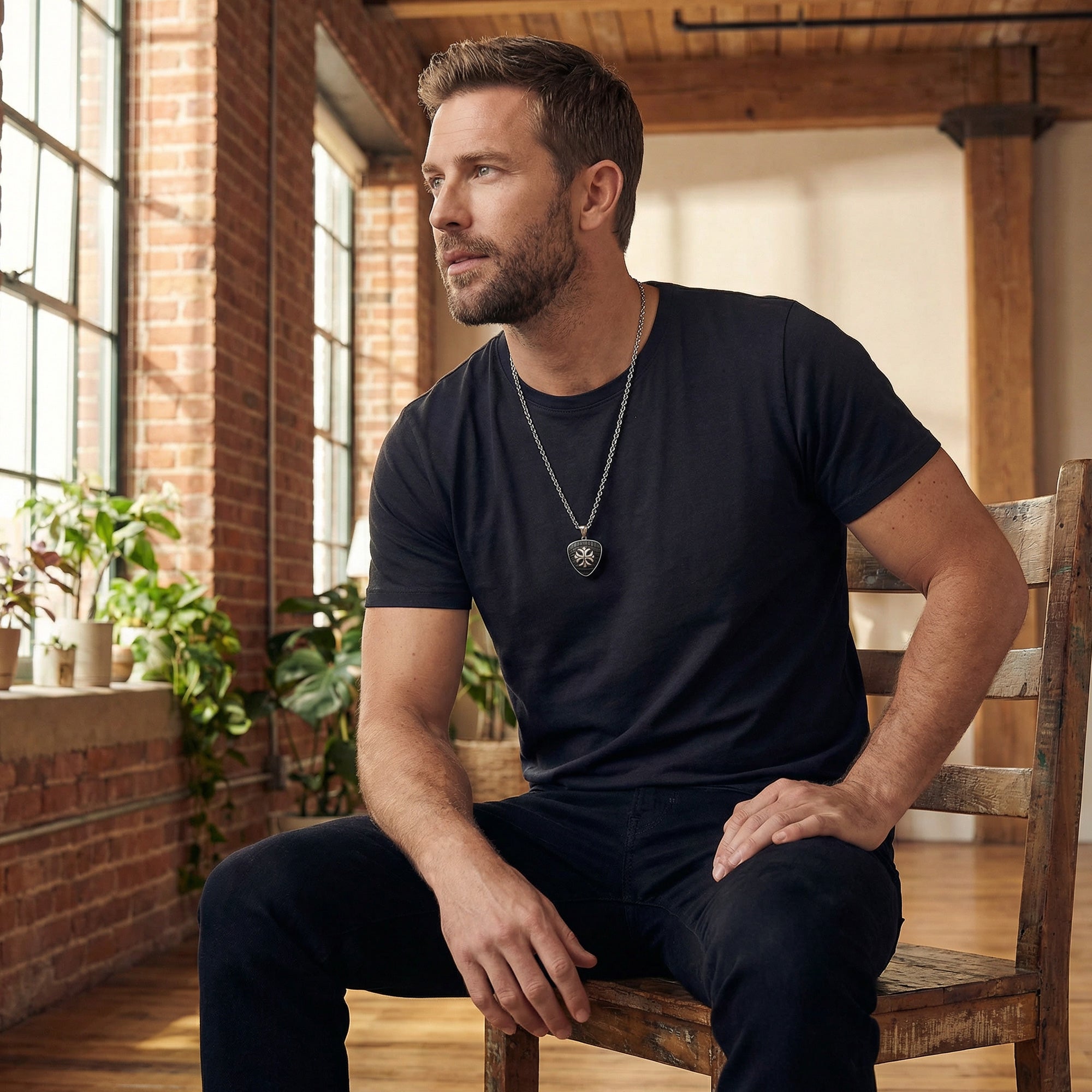 Man sitting on a chair in a loft apartment wearing a fleur-de-lis cross medallion necklace.