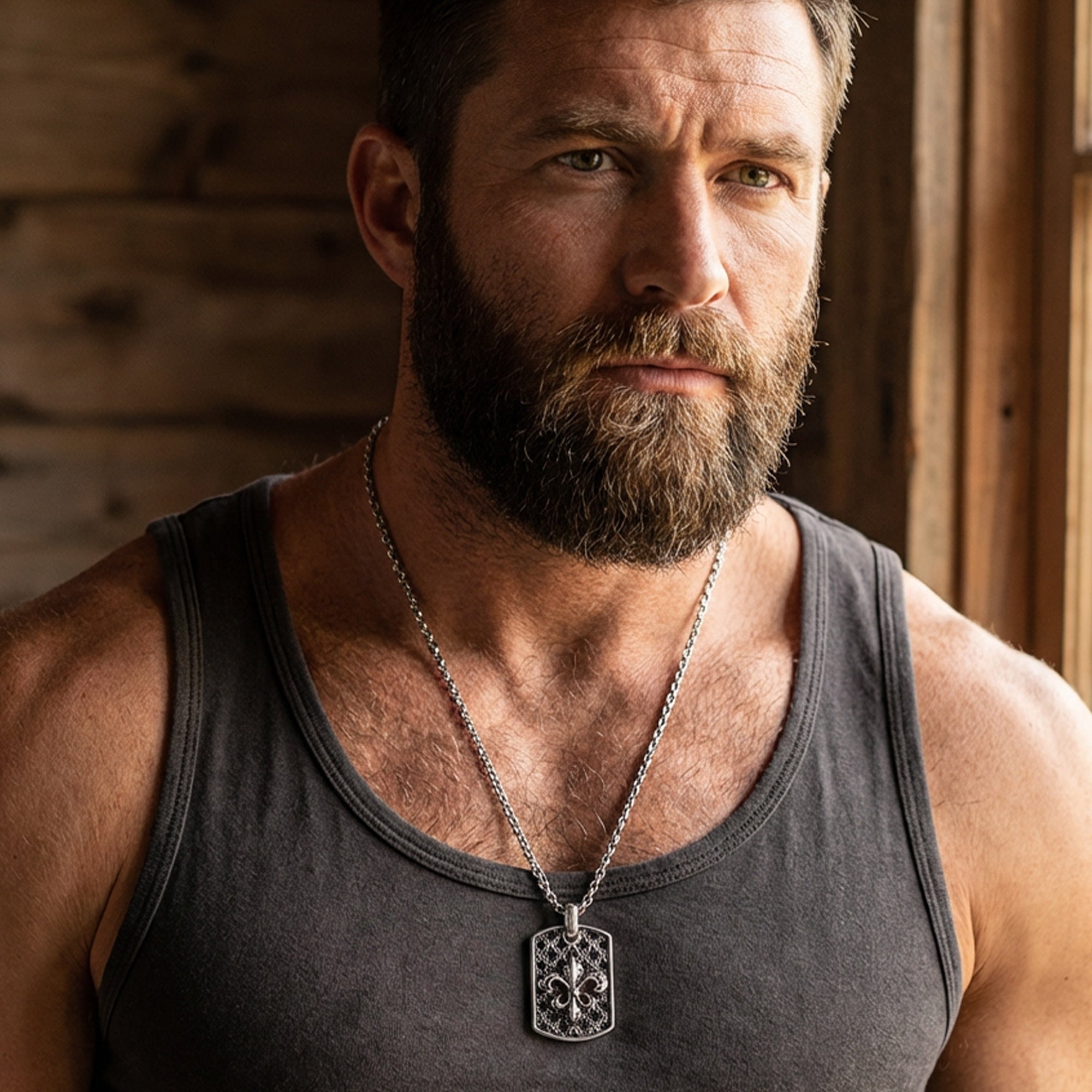 Close-up of man in a singlet wearing a fleur-de-lis dog tag necklace.