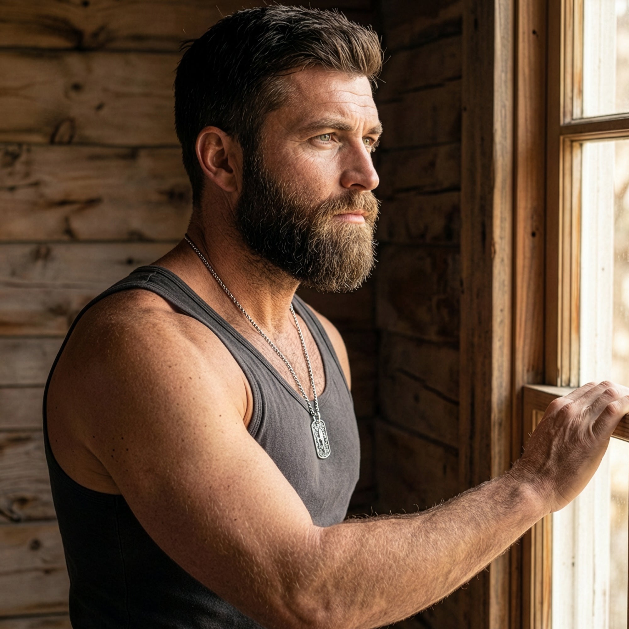 Man in a singlet looking out a window wearing a fleur-de-lis dog tag necklace.