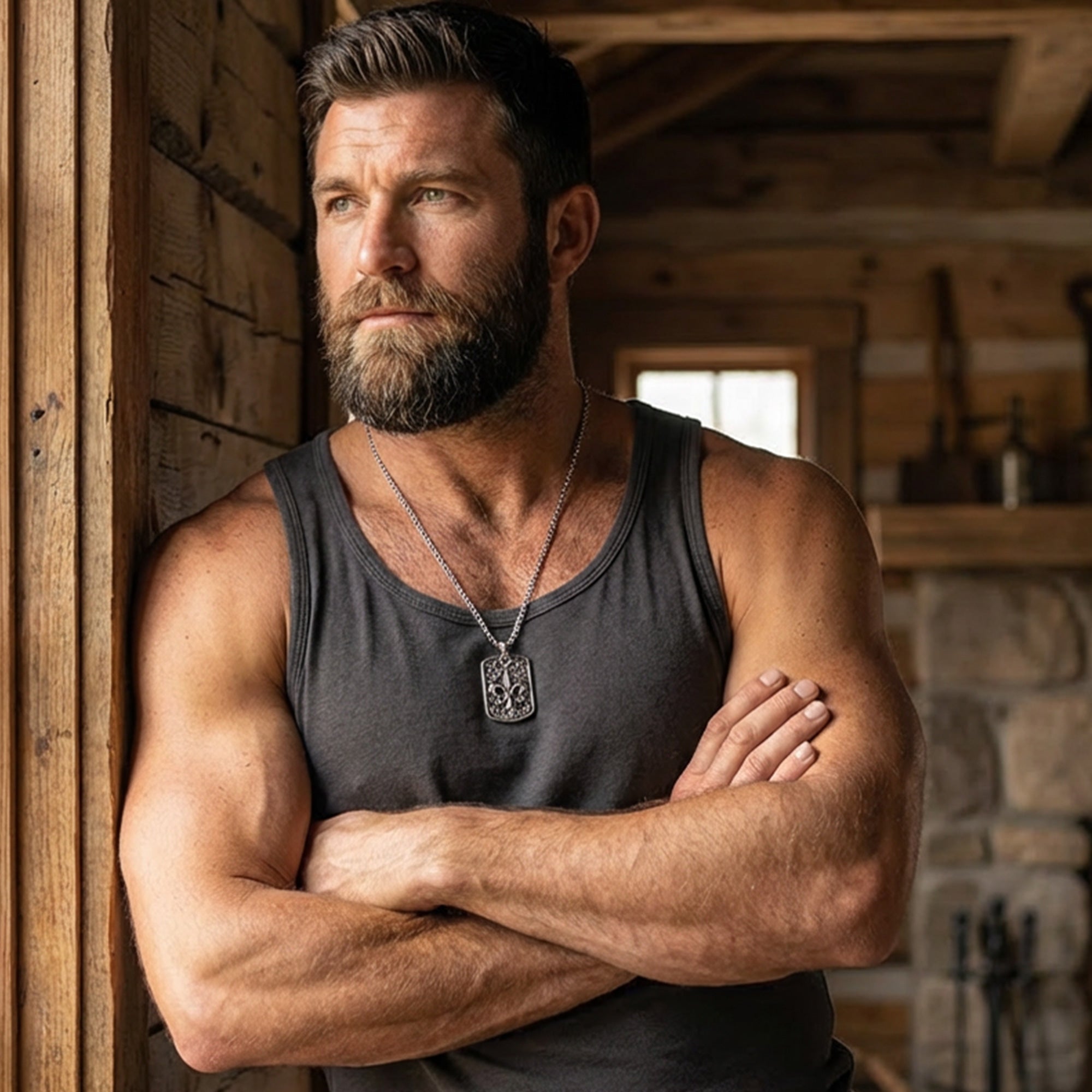 Man in a singlet wearing a fleur-de-lis dog tag necklace leaning against a timber cabin wall.