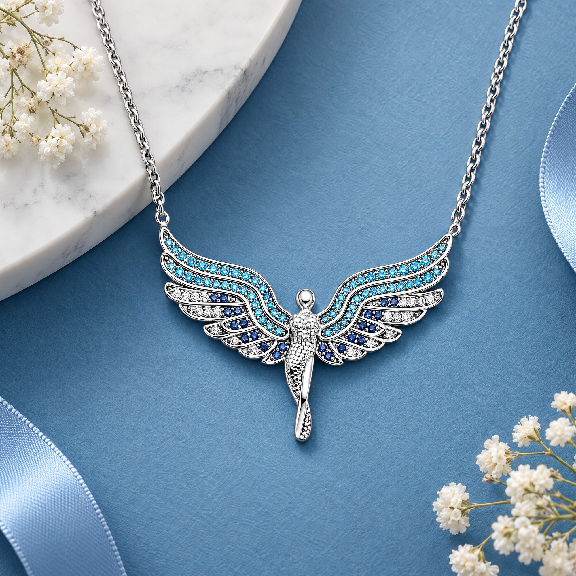 Engelsrufer flying angel ocean blue sterling silver necklace on a textured blue background with marble slice and dried flowers.