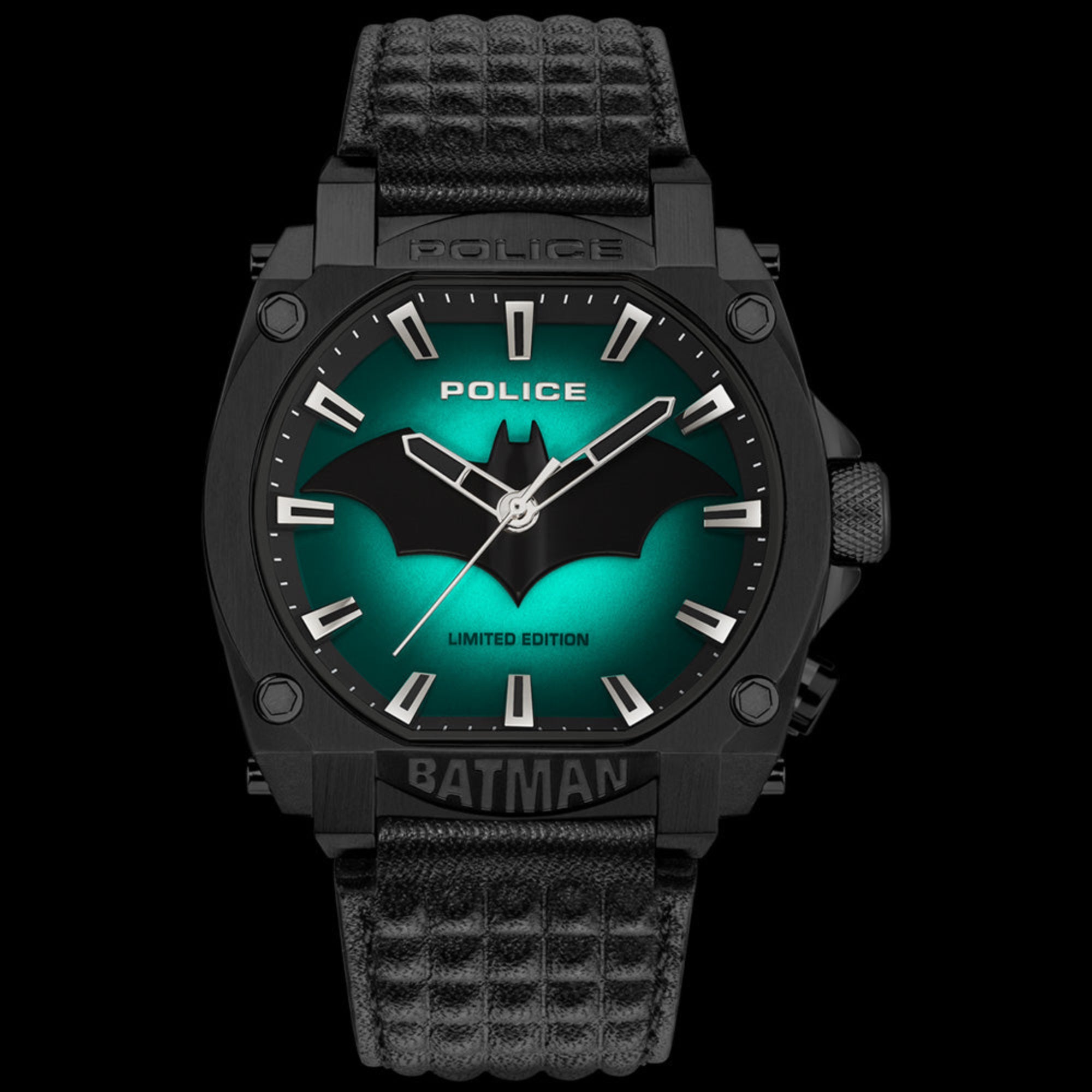 Front view of Forever Batman Police all black limited edition watch with green backlight activated.