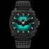 Front view of Forever Batman Police all black limited edition watch with green backlight activated.