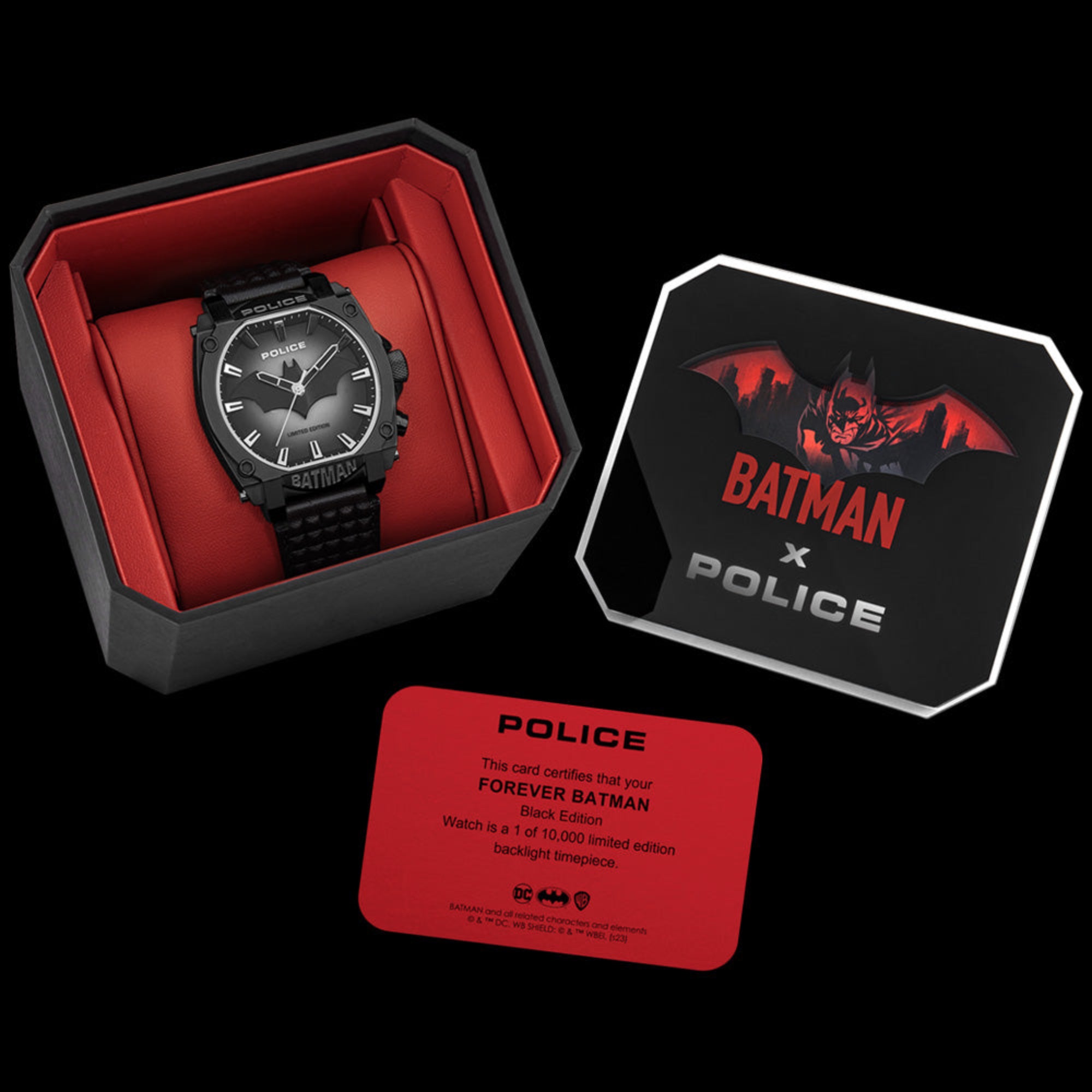 Collector packaging for Forever Batman Police all black limited edition watch.
