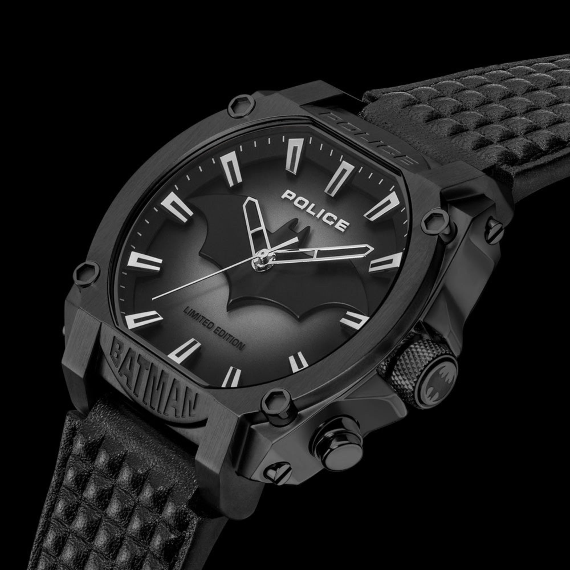 Close-up side view of Forever Batman Police all black limited edition watch.