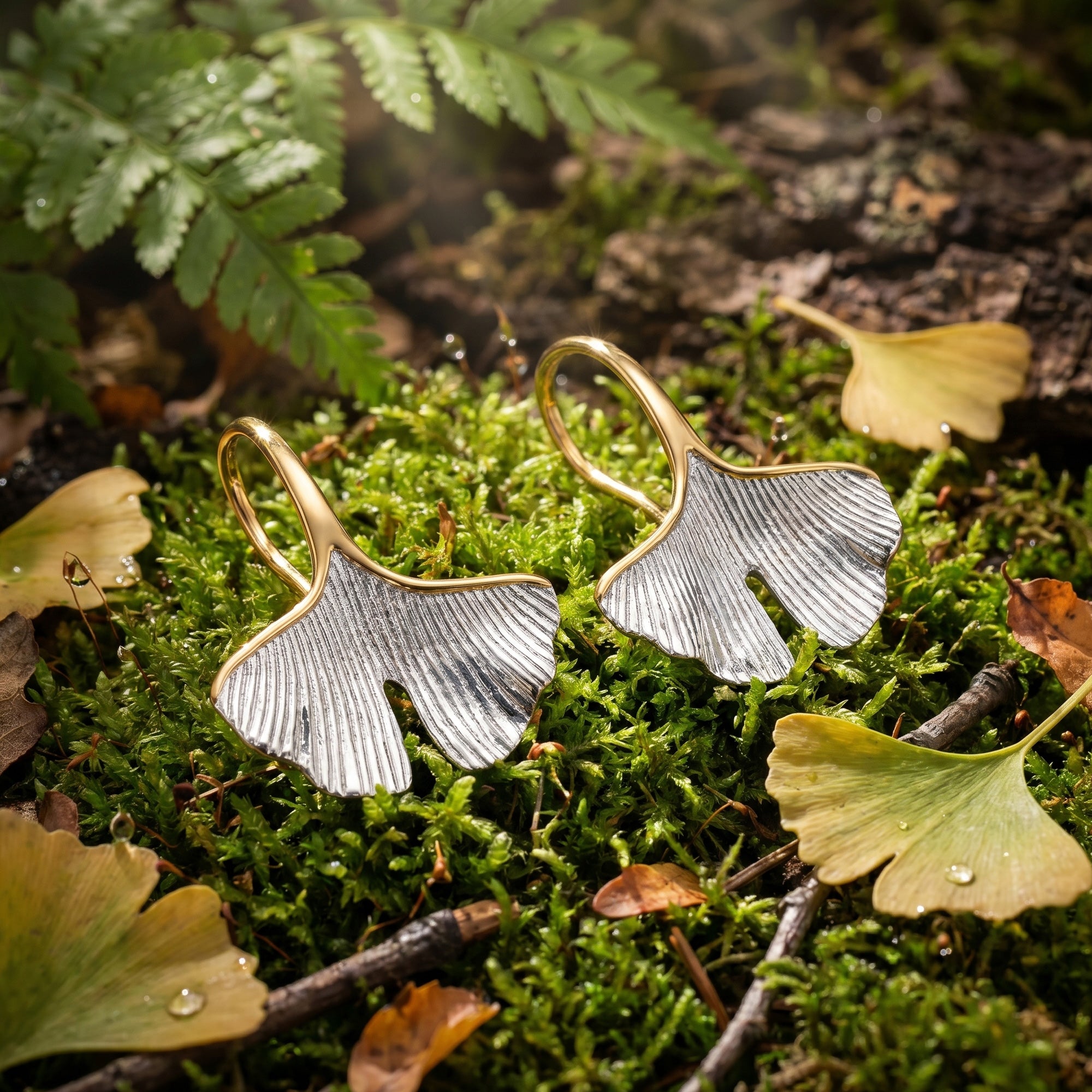 Engelsrufer gold ginkgo leaf hook earrings laying on a forest floor with leaves and foliage.