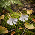 Engelsrufer gold ginkgo leaf hook earrings laying on a forest floor with leaves and foliage.