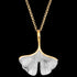 Close up of an Engelsrufer ginkgo leaf gold silver necklace.
