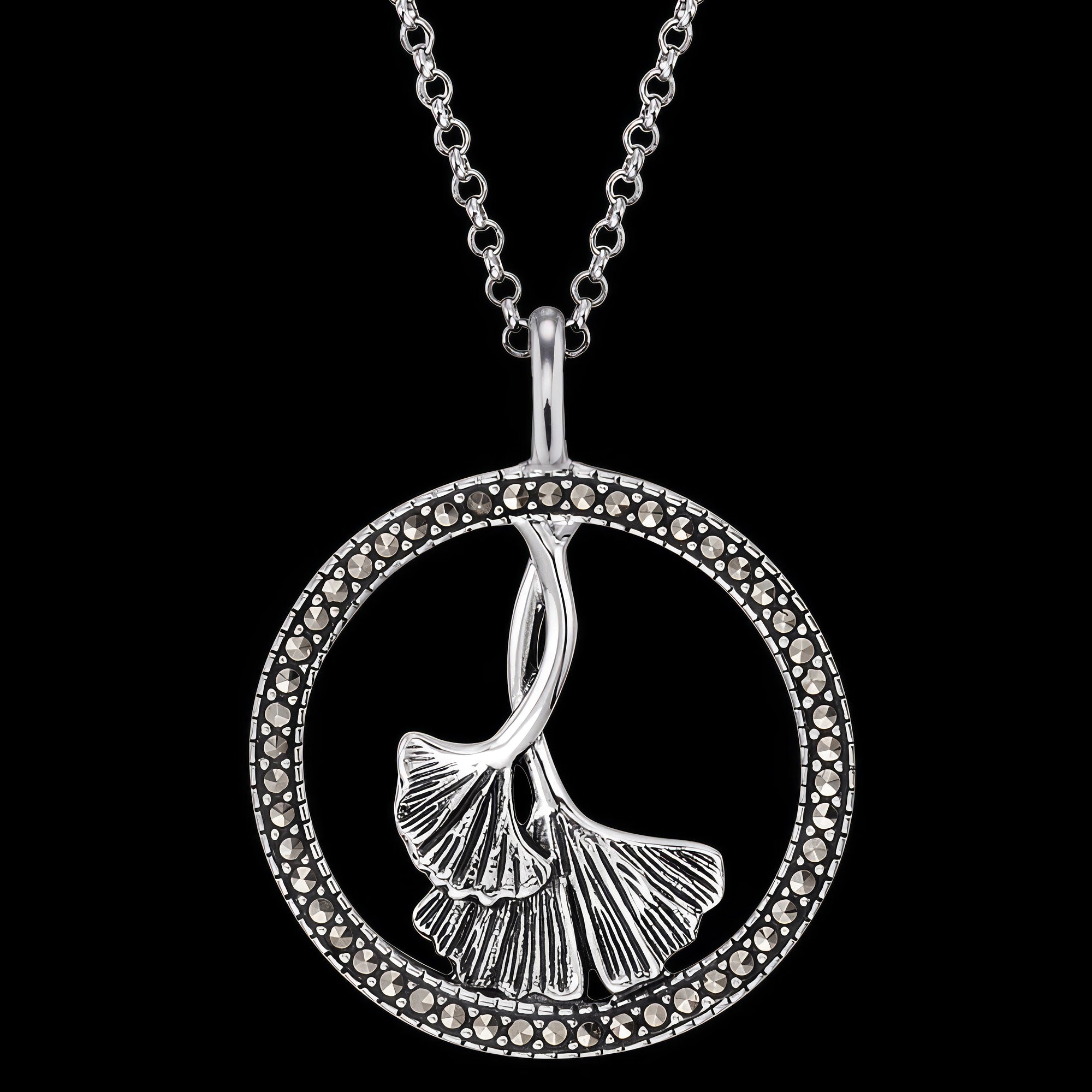 Close-up of Engelsrufer ginkgo leaf marcasite circle necklace.