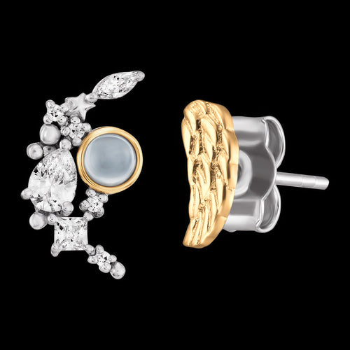 Moon & Gold Angel Wing Mismatch Stud Earrings | Engelsrufer