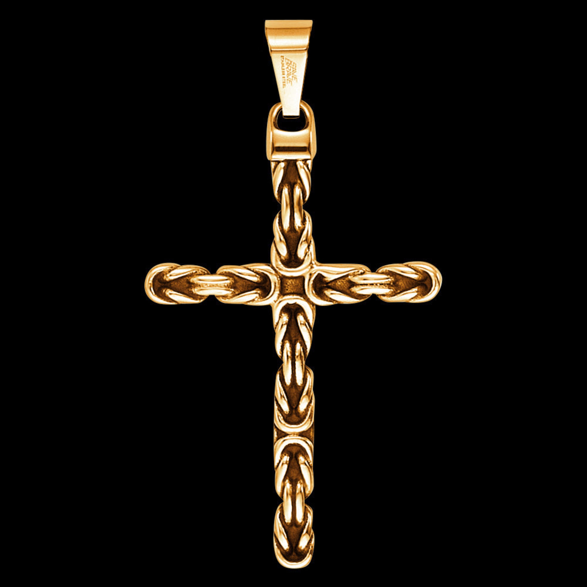 Close-up of Byzantine rope knot cross men's gold stainless steel necklace.