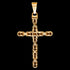 Close-up of Byzantine rope knot cross men's gold stainless steel necklace.