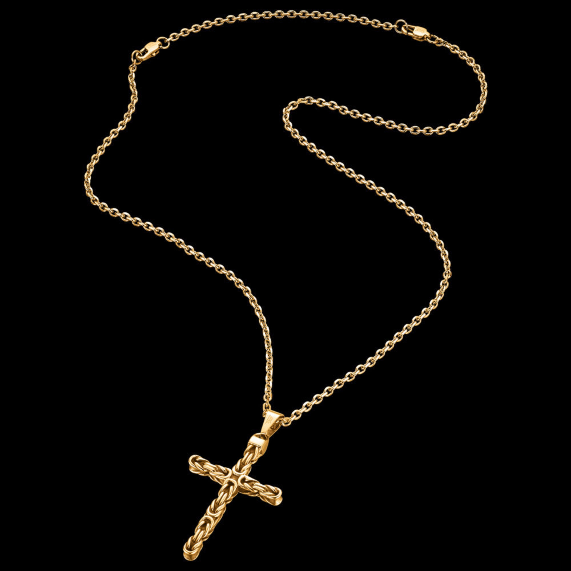 Full view of Byzantine rope knot cross men's gold stainless steel necklace.
