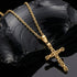 Byzantine rope knot cross men's gold stainless steel necklace laying on black obsidian rock.