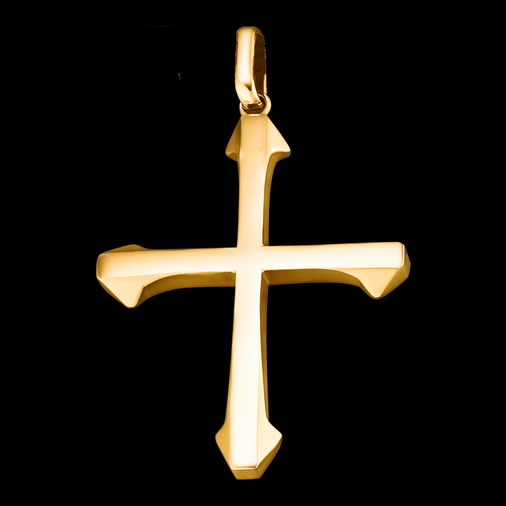 Close-up of Save Brave barbed cross men's gold steel necklace.