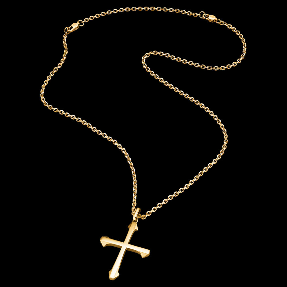 Full view of Save Brave barbed cross men's gold steel necklace.