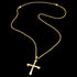 Full view of Save Brave barbed cross men's gold steel necklace.