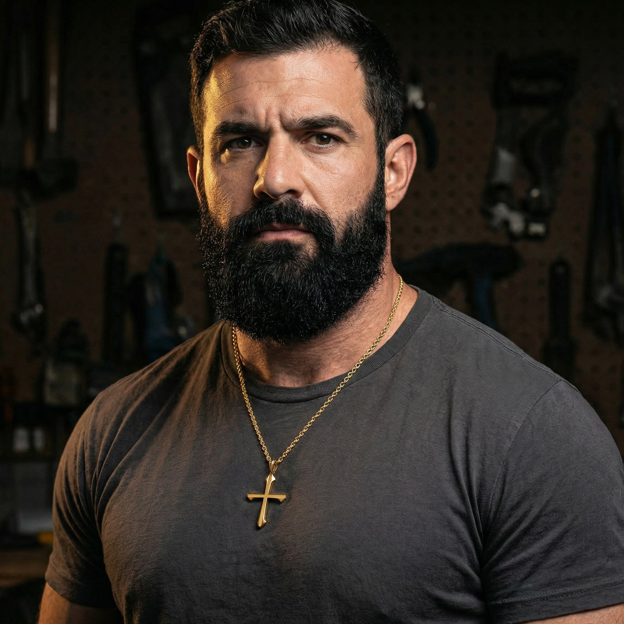 Bearded man in a t-shirt wearing barbed cross gold steel necklace.