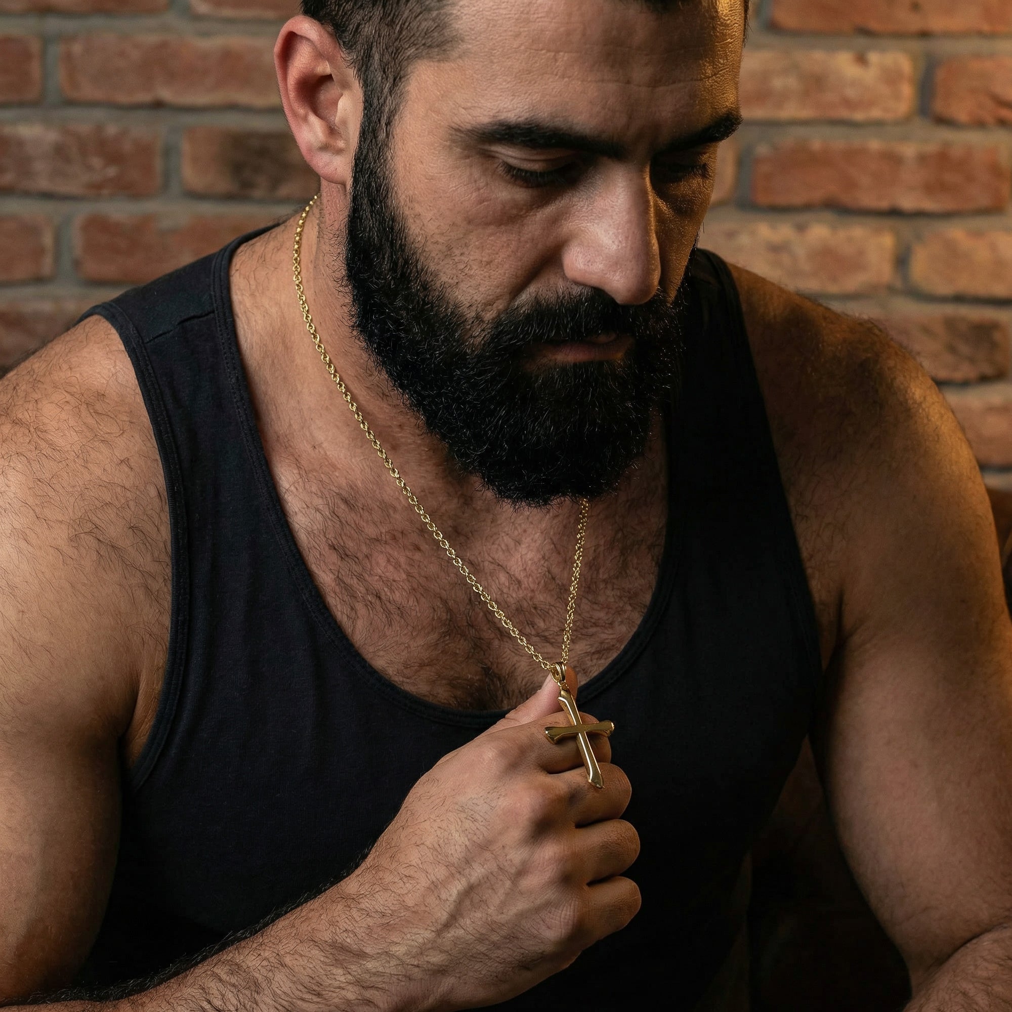 Bearded man in a singlet looking down wearing barbed cross gold steel necklace.